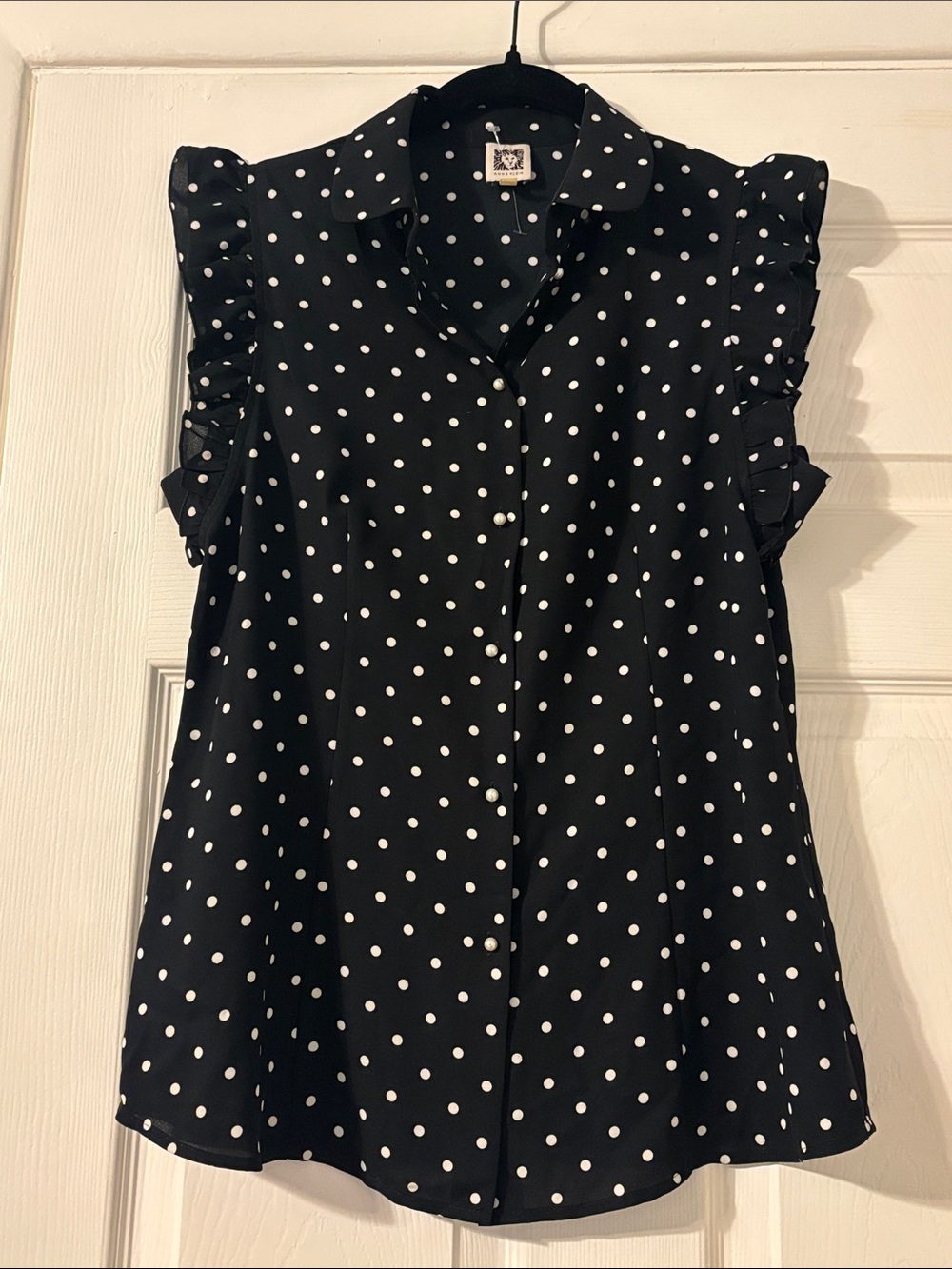 Anne Klein Black Polka Dot Ruffle Sleeve Blouse